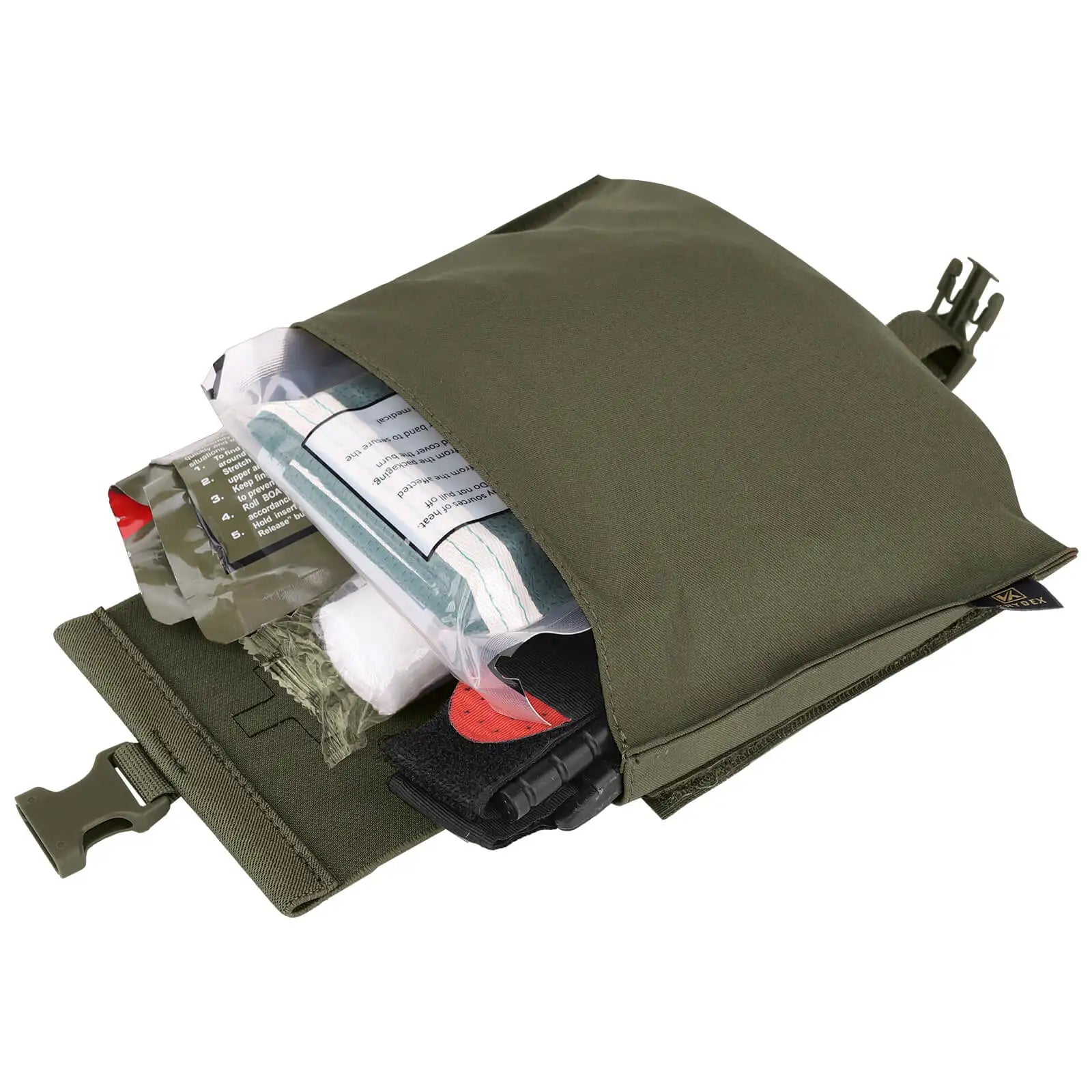 Green tactical pouch with medical supplies on a white background