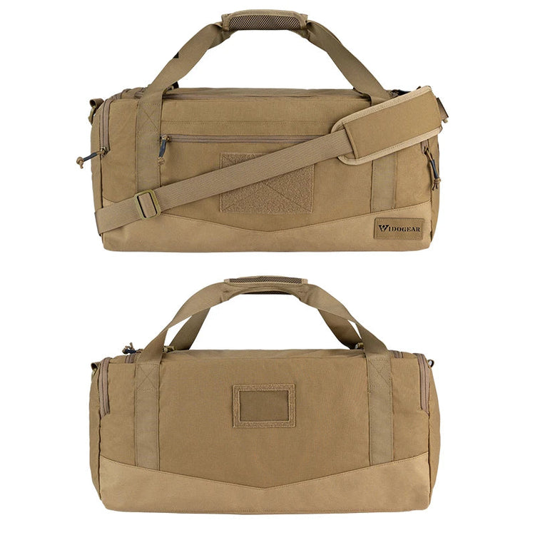Tan duffel bag with shoulder strap on a white background
