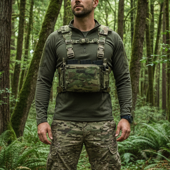 Man in tactical gear standing in a forest