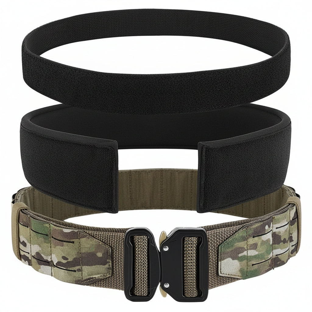 Multicam 3 in 1 Laser Belt Set showing 2" laser-cut outer belt, 1.5" inner belt and 3" waist soft pad