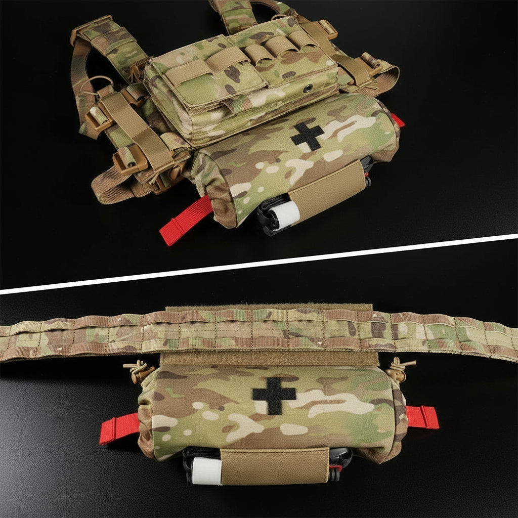 Multicam Roll Up IFAK Pouch with cross emblem on a black background