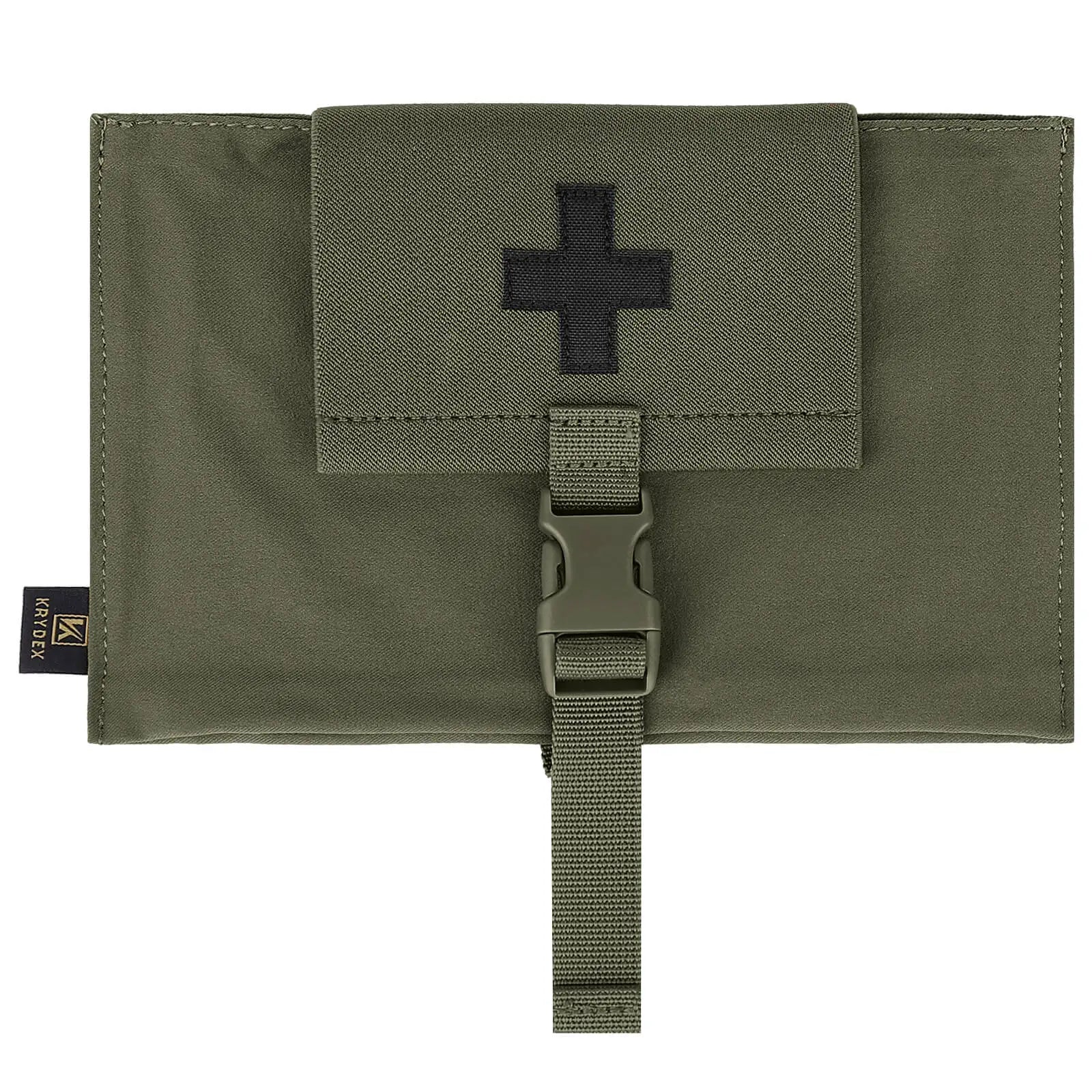 Green tactical pouch with a black cross on a white background