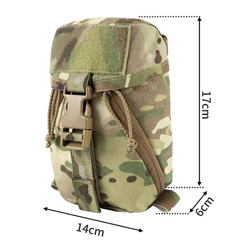 Camouflage tactical pouch with measurements on a white background