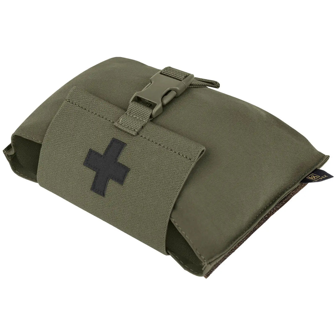 Green tactical pouch with a black cross on a white background