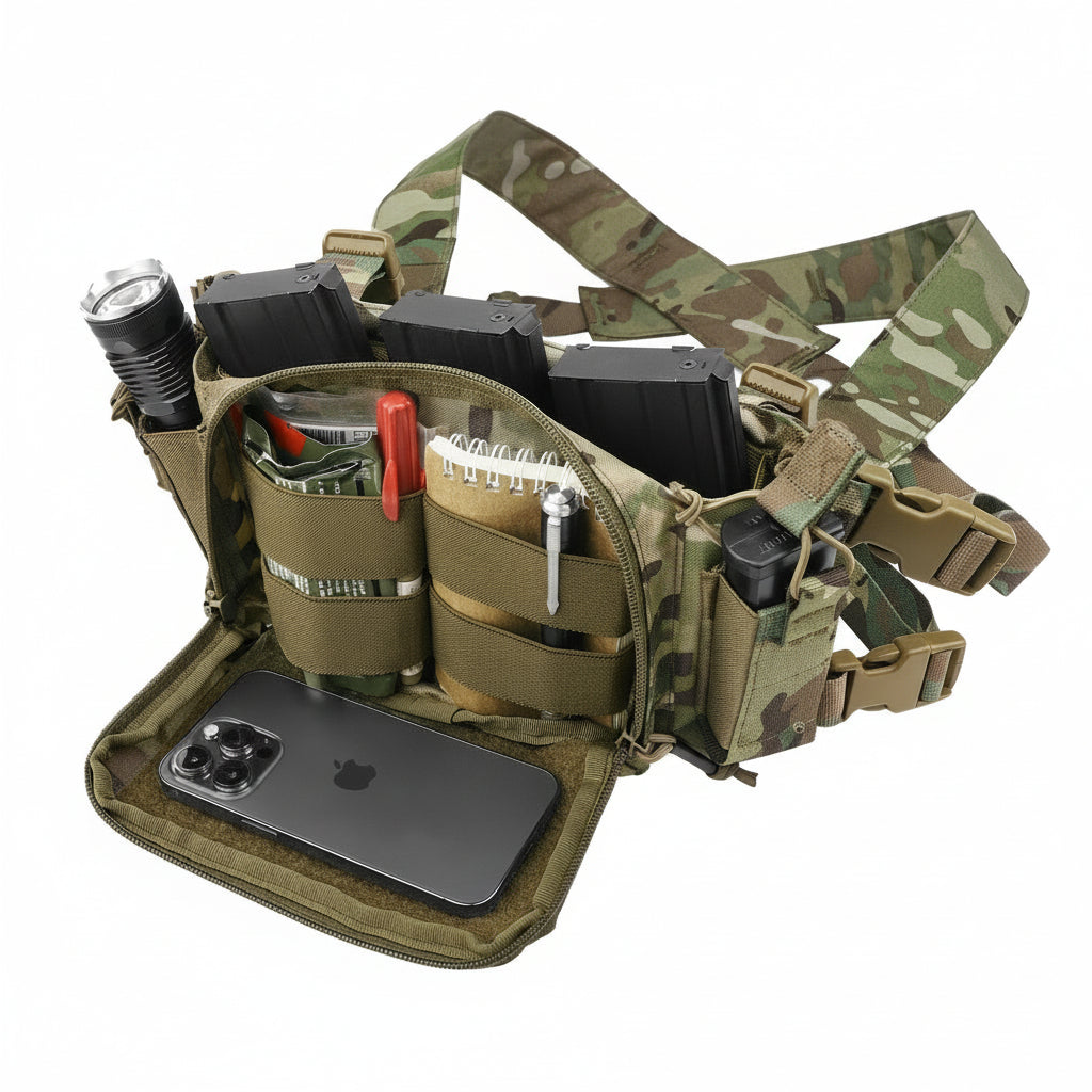 Multicam tactical chest rig with various compartments and a phone on a white background