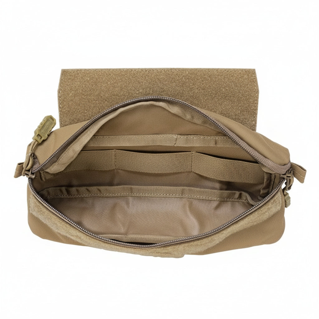 Open tan tactical pouch on a white background