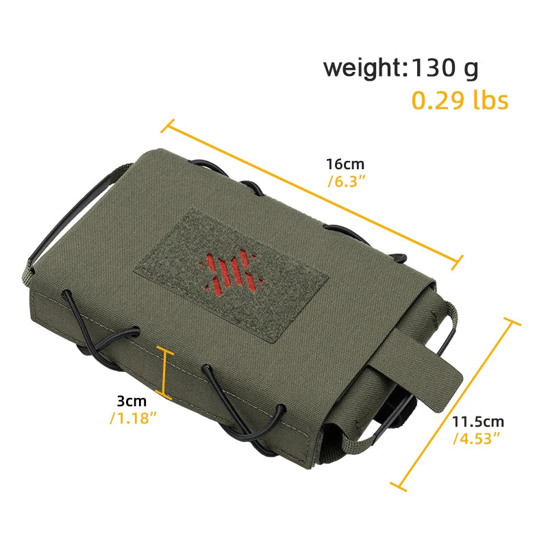 Green tactical pouch with measurements on a white background