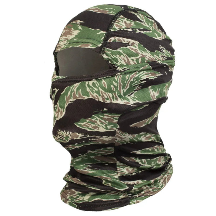 Tiger Camouflage balaclava with black accents on a white background