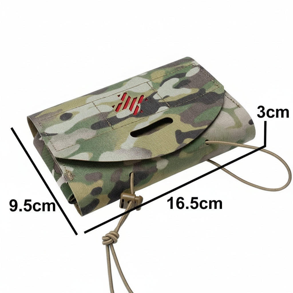 Camouflage pouch with measurements and accessories on a white background