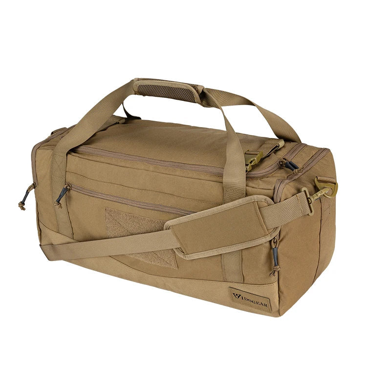 Tan duffel bag with multiple compartments and straps on a white background
