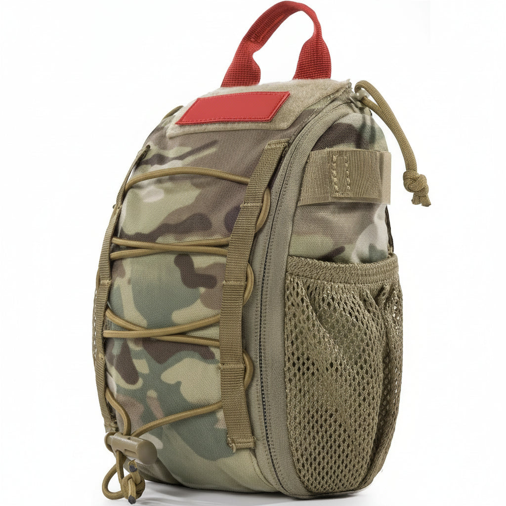 Camouflage pouch with red tag on a white background