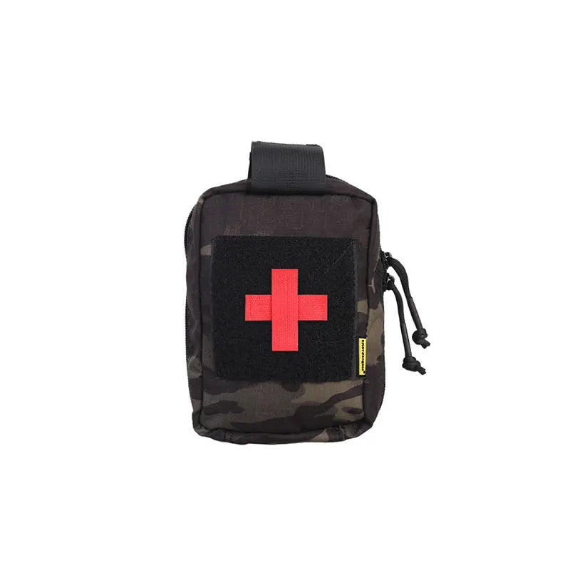 Camouflage pouch with red cross on a white background