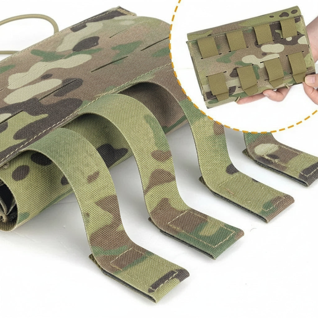 Camouflage tactical strap with a close-up of a hand holding a clip