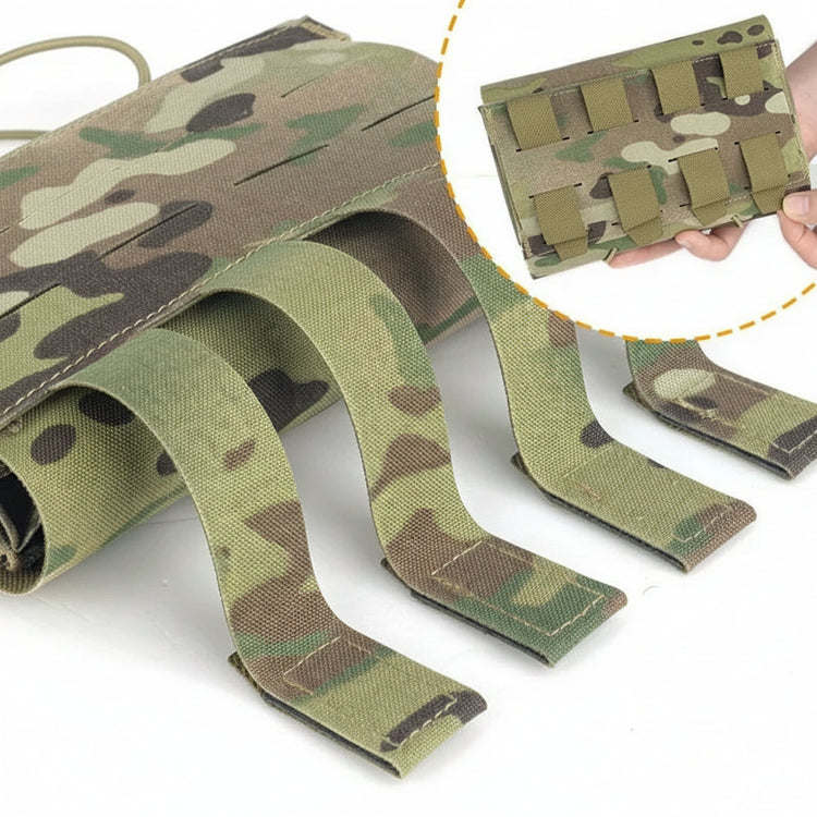 Camouflage tactical strap with a close-up of a hand holding a clip