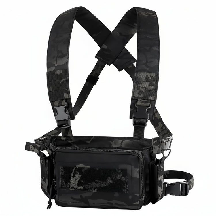 Black camouflage chest bag with straps on a white background
