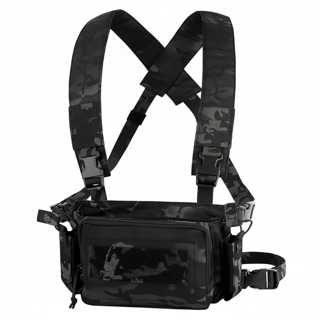 Black camouflage chest bag with straps on a white background