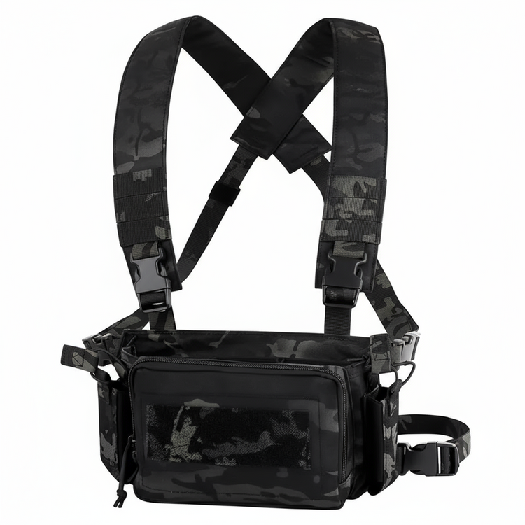 Black camouflage chest bag with straps on a white background