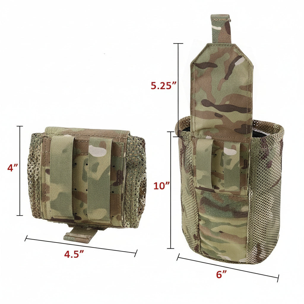Multicam Camouflage tactical pouch with measurements on a white background