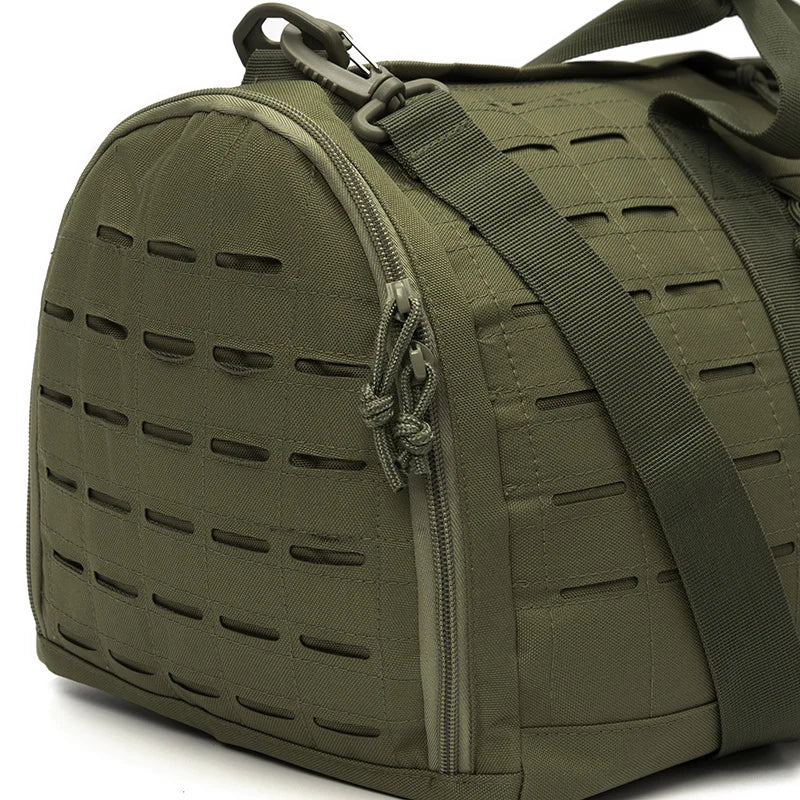Green tactical bag with multiple zippers and a shoulder strap on a white background
