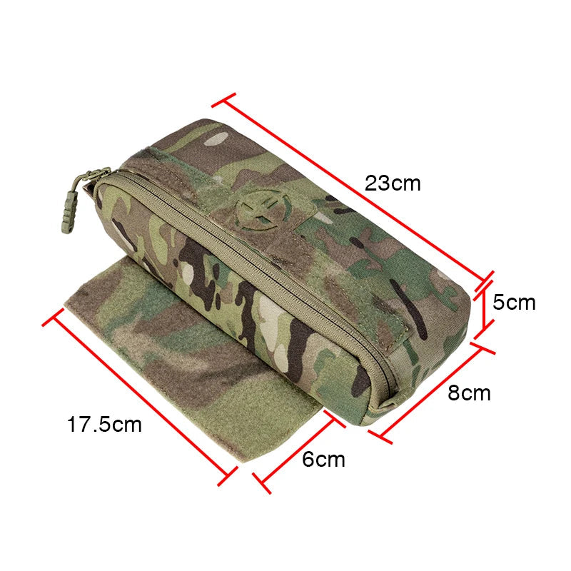 Camouflage pouch with dimensions labeled, featuring the ToptacPro brand.