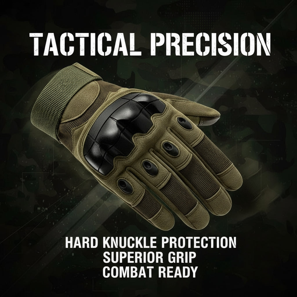 Tactical glove with hard knuckle protection on a dark background, featuring the text 'Tactical Precision'.