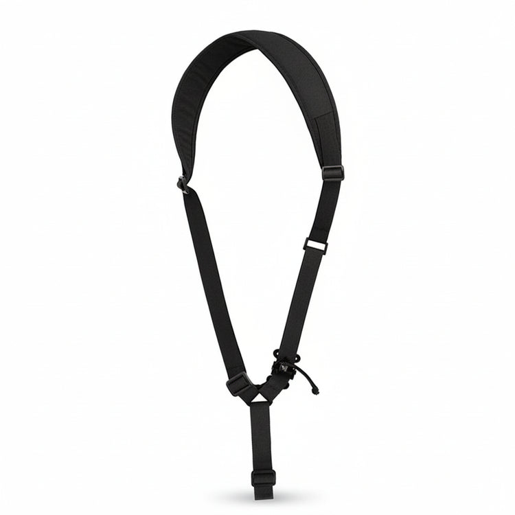 Black camera strap on a white background