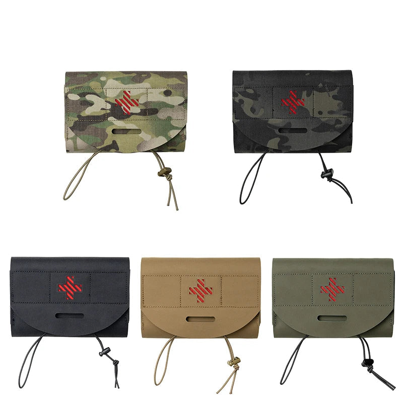 Set of camouflage pouches with red cross on a white background.