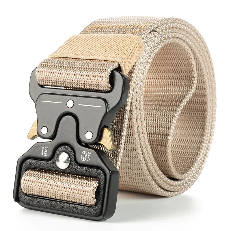 Beige tactical belt with a black buckle on a white background