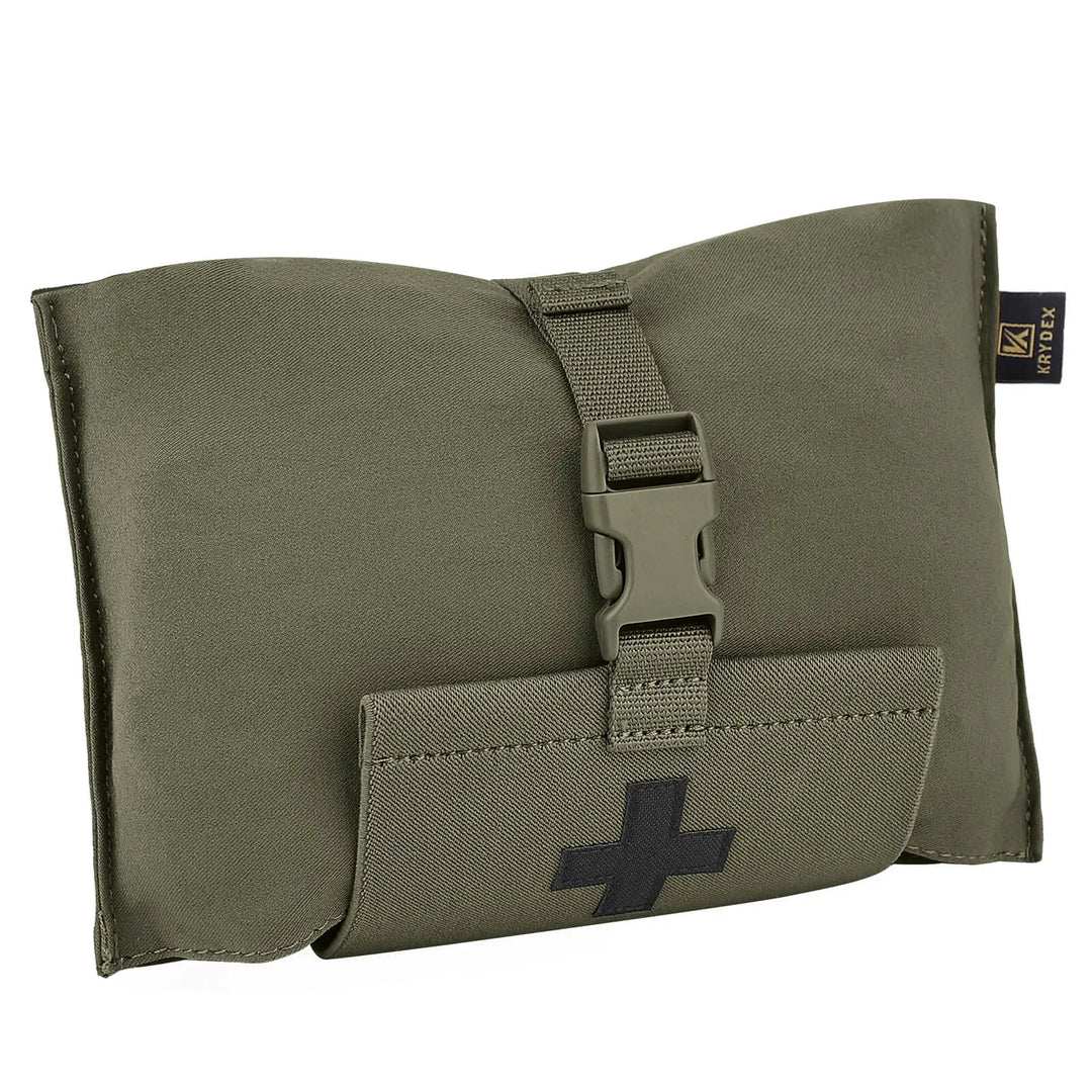Green tactical pouch with a black cross on a white background