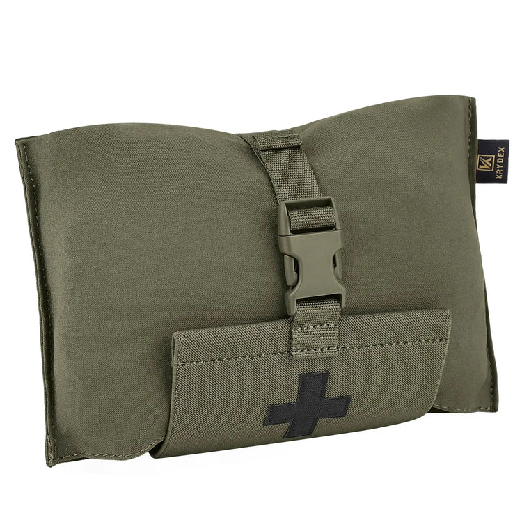 Green tactical pouch with a black cross on a white background