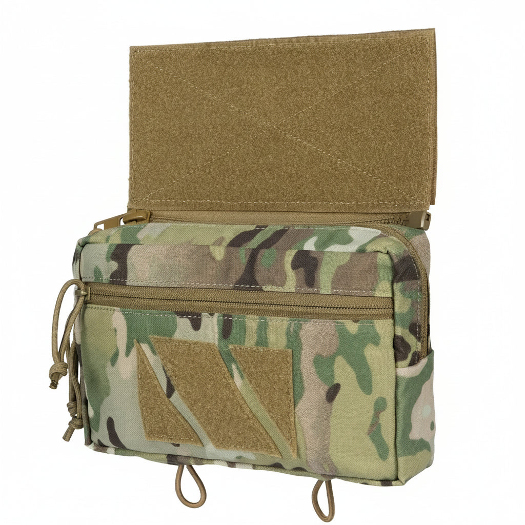 Camouflage pouch with visible branding on a white background