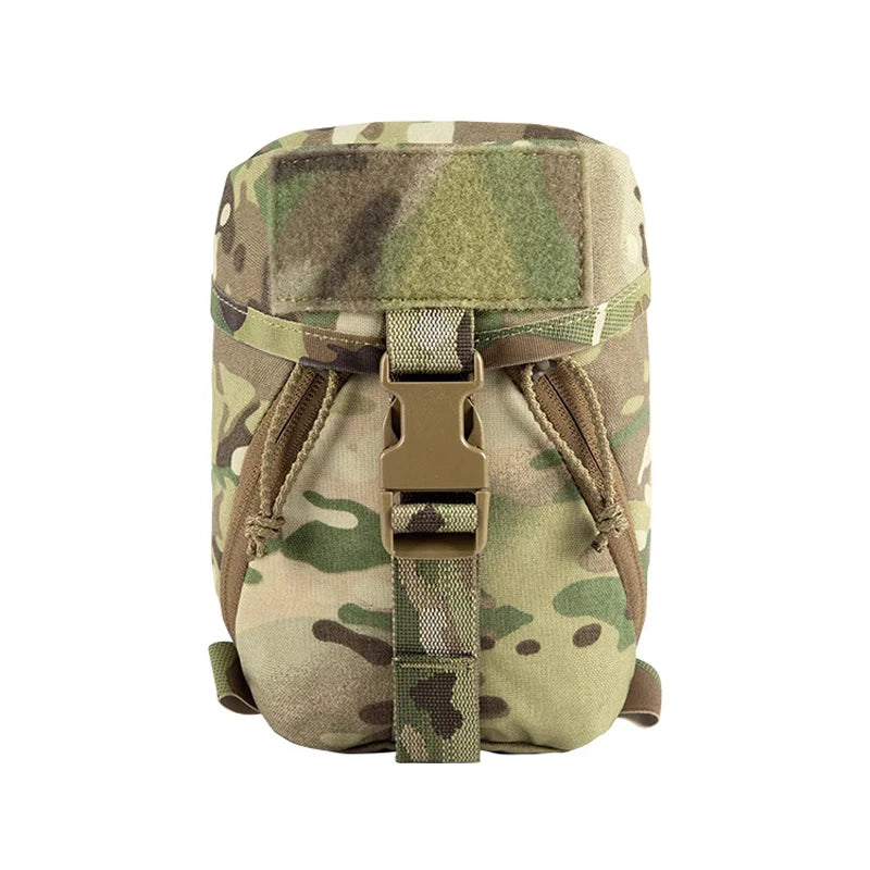 Camouflage tactical pouch with a buckle on a white background