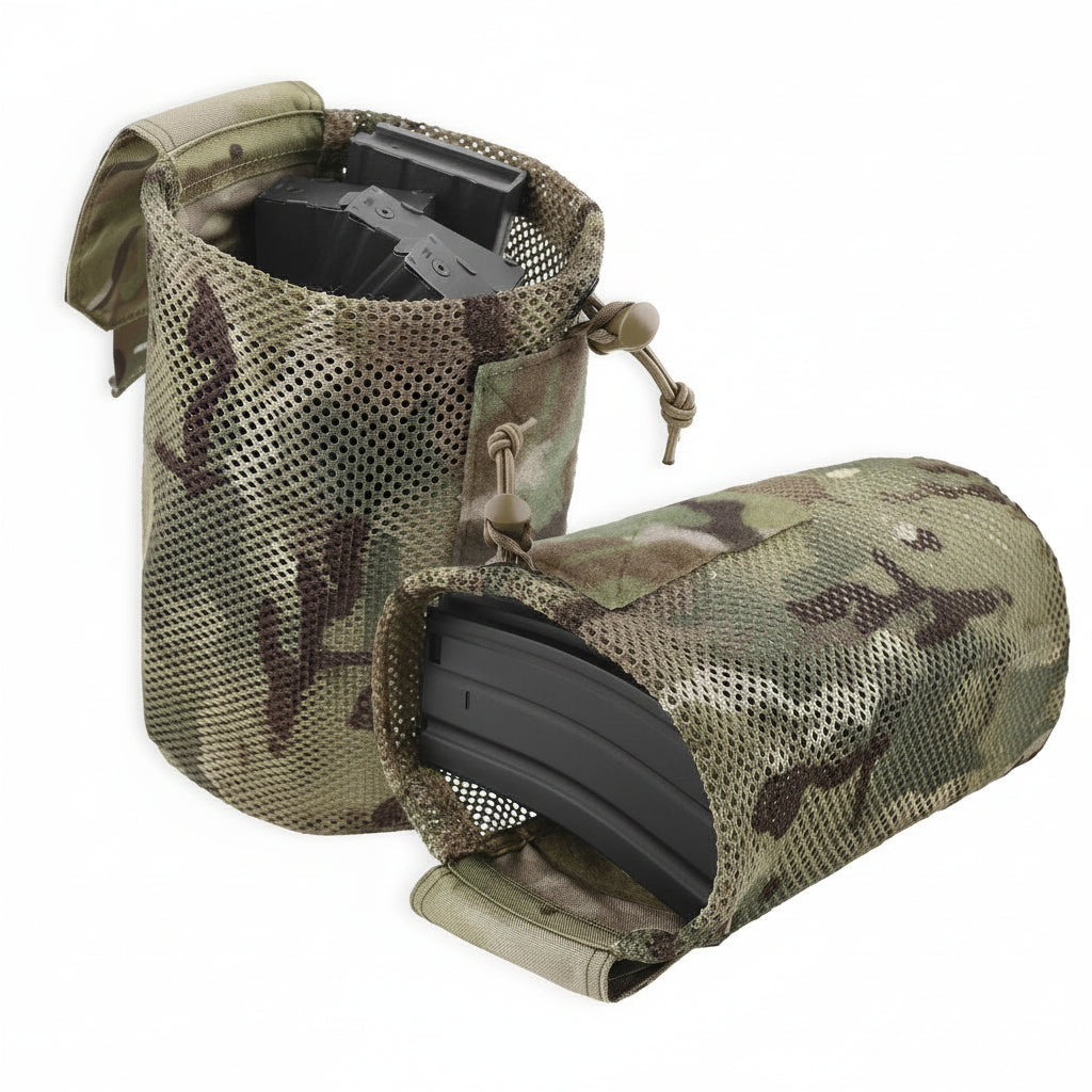 A multicam Mesh Dump Pouch showing compacity on a white background