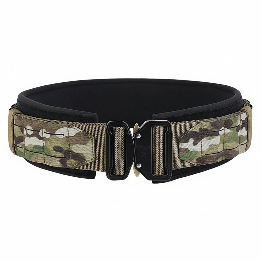 Multicam 3 in 1 Laser Belt Set showing 2" laser-cut outer belt, 1.5" inner belt and 3" waist soft pad as it is worn by the operator 