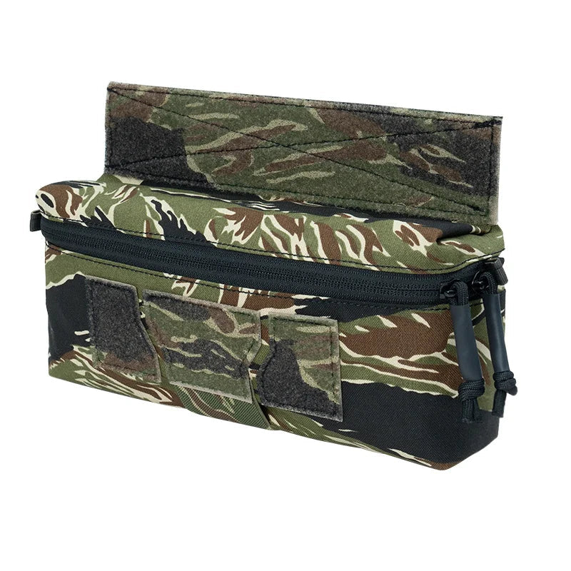 Camouflage pouch with black zipper on a white background.