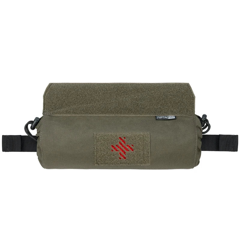 Green tactical pouch with red cross on a white background