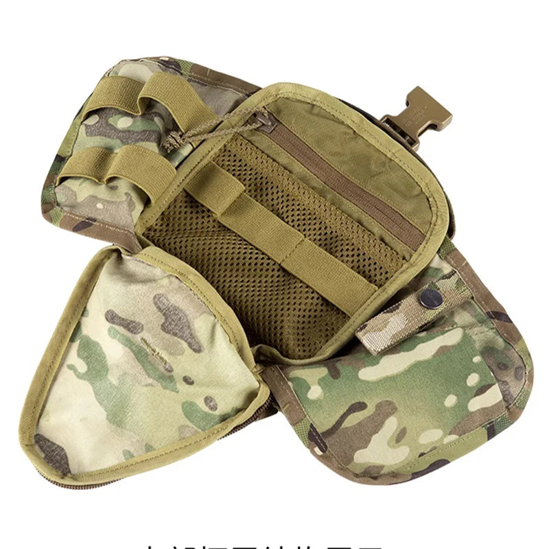 Camouflage tactical pouch with multiple compartments on a white background