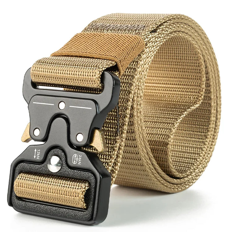Tan tactical belt with a black buckle on a white background