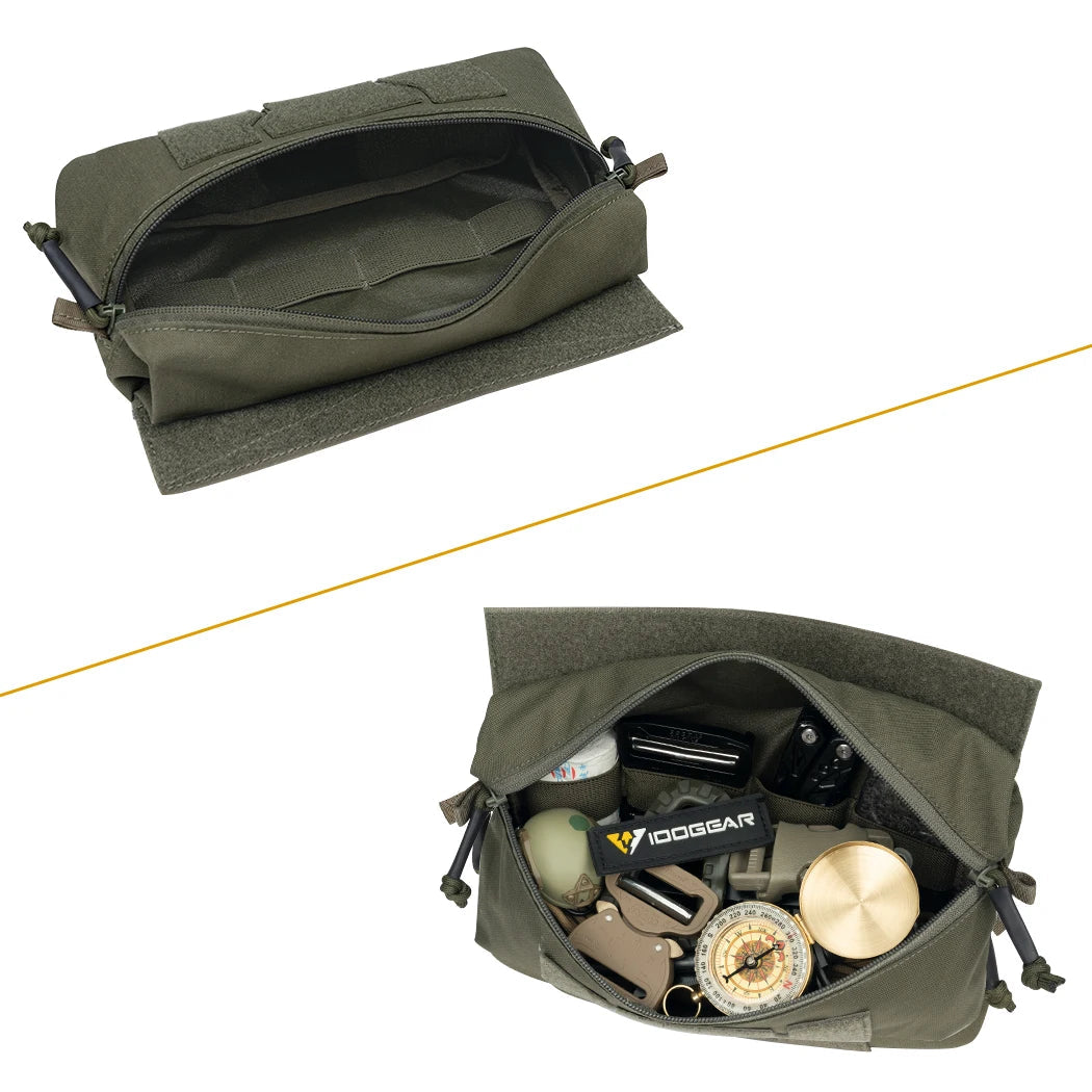 Green pouch before and after loading with various items on a white background