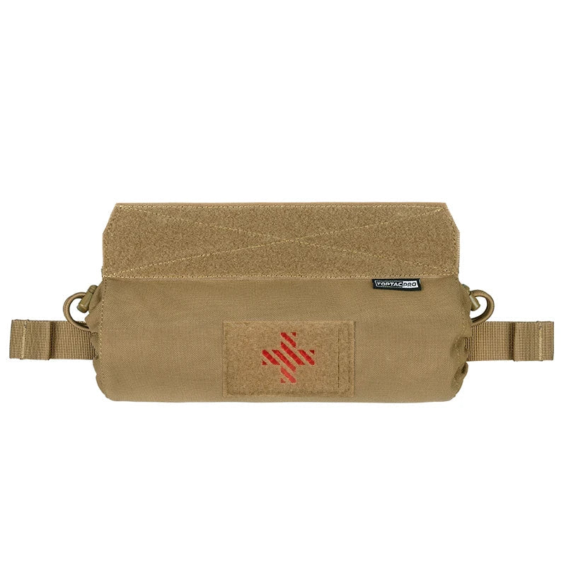 Tan tactical pouch with red logo on a white background