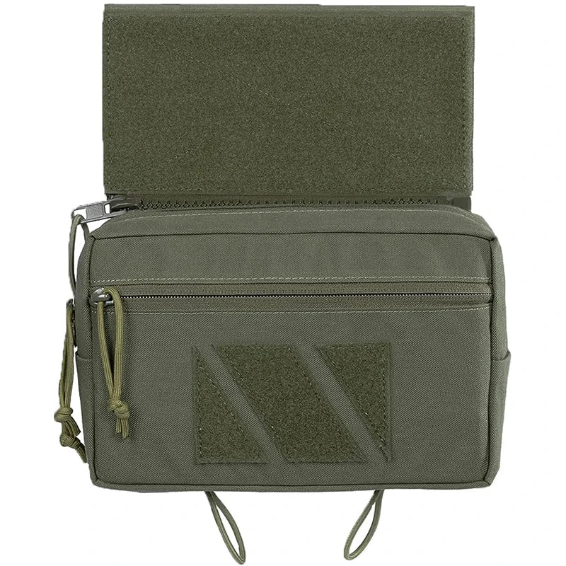 Green tactical pouch with multiple compartments on a white background