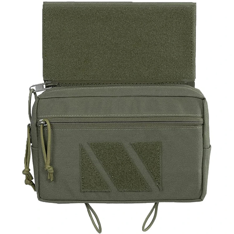 Green tactical pouch with multiple compartments on a white background