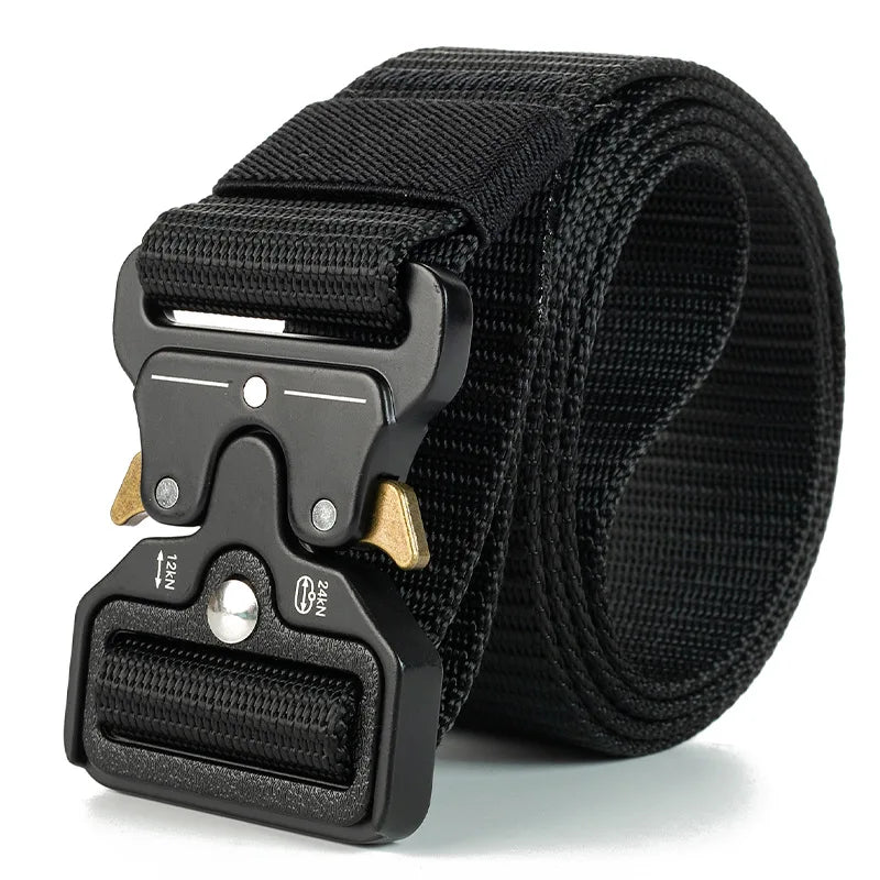 Black tactical belt with a metal buckle on a white background