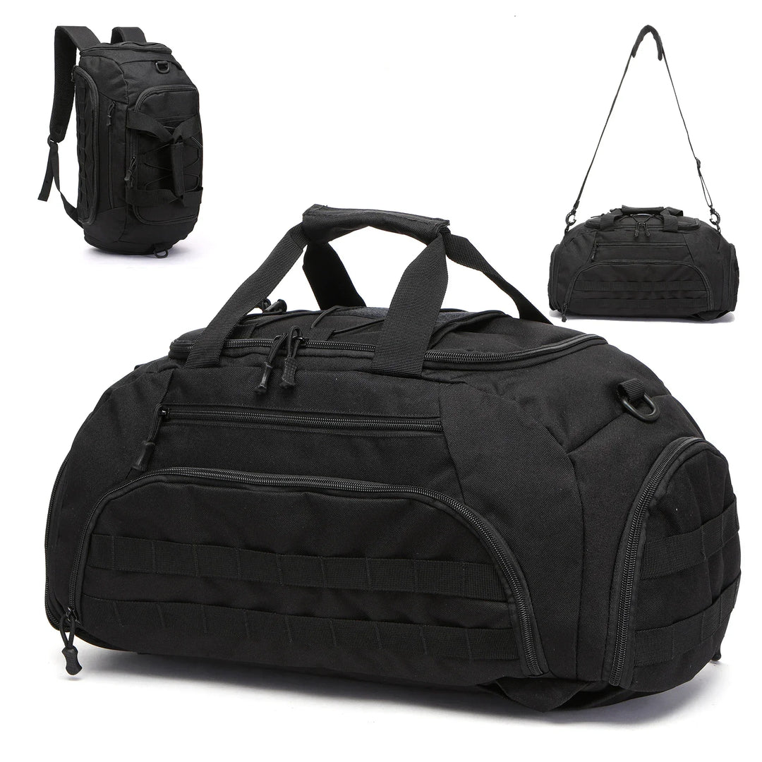  Black Camouflage duffel bag showing 3 in 1 system backpack and smaller bag on a white background