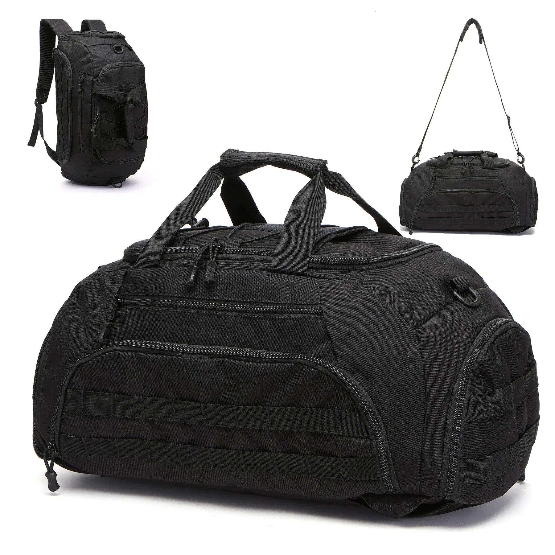  Black Camouflage duffel bag showing 3 in 1 system backpack and smaller bag on a white background