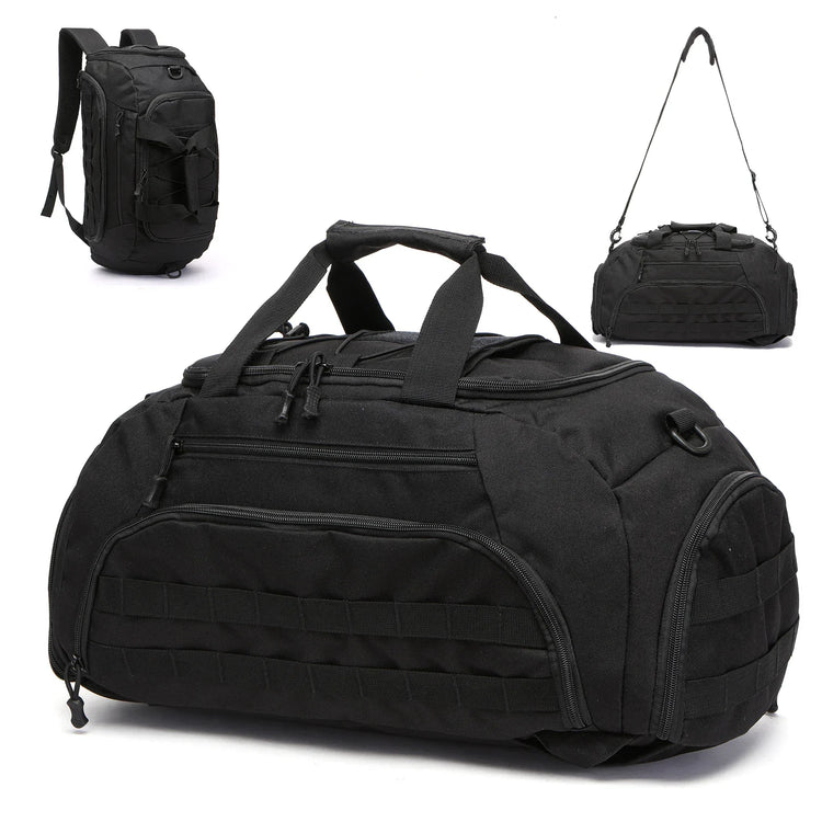  Black Camouflage duffel bag showing 3 in 1 system backpack and smaller bag on a white background