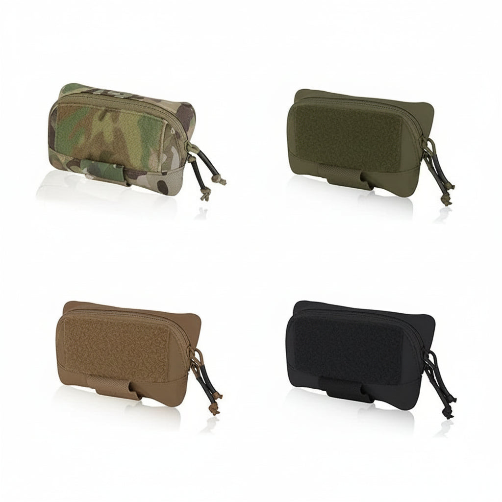 Four tactical pouches in different colors on a white background