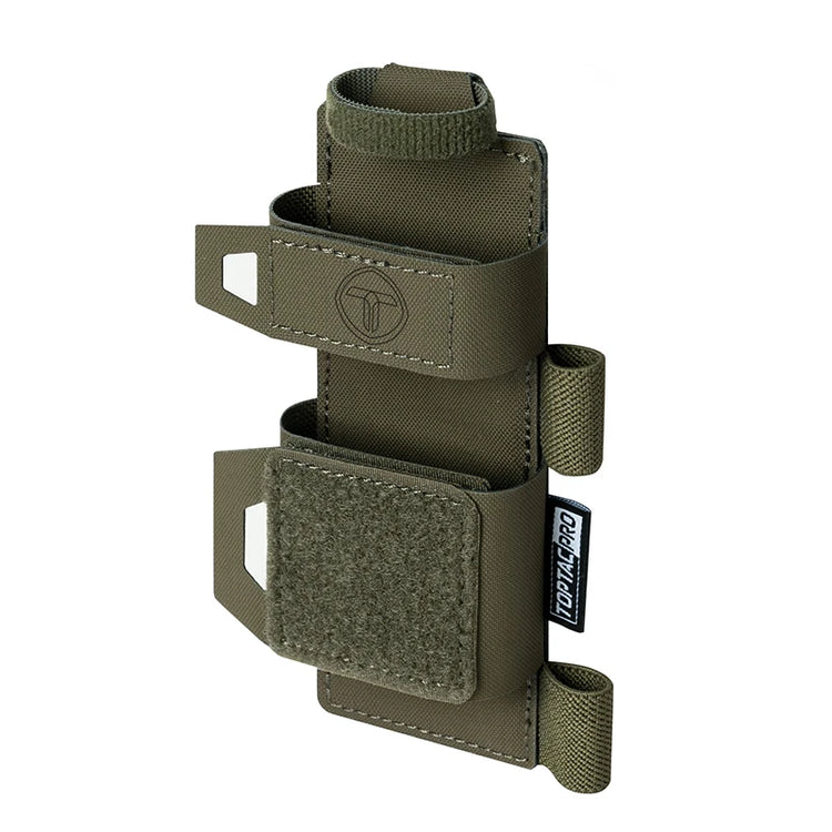 Green tactical pouch with multiple compartments on a white background
