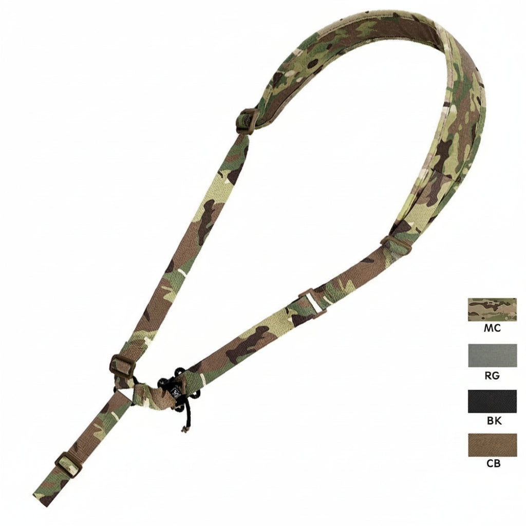 Camouflage military sling on a white background with color options displayed.
