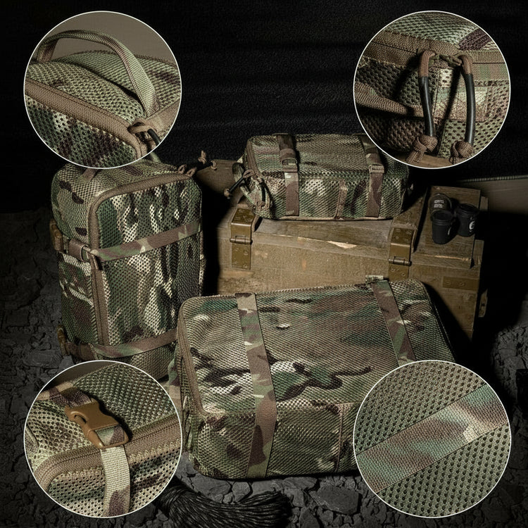 Camouflage tactical bags with close-up details on a dark background